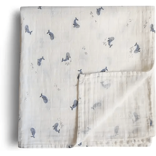 mushie Muslin Baby Swaddle Blanket | 100% Organic Cotton (Whales)