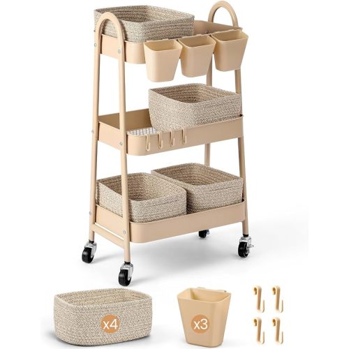 3-Tier Rolling Utility Cart with 4 Woven Baskets, Diaper Book Snack Cart, Storage Organizer for Nursery, Kitchen, Craft Room, Home SPA, Living Room, Metal Frame Trolley on Lockable Wheels, Brown