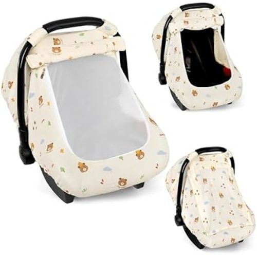 Hooyax Muslin Car Seat Cover Baby - Breathable and Privacy Car Seat Canopy with 3 Modes - Easy Install & Gift Box Packaging, Universal Fit for Infant Car Seats, Bear
