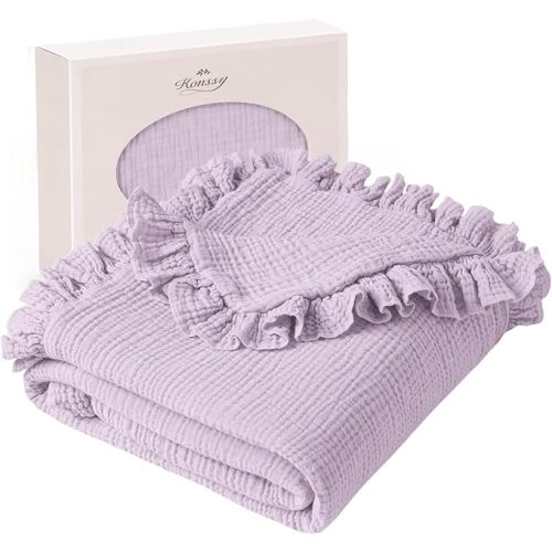 Konssy 100% Cotton Muslin Baby Blanket with Ruffle Trim for Girls, 43"x39"