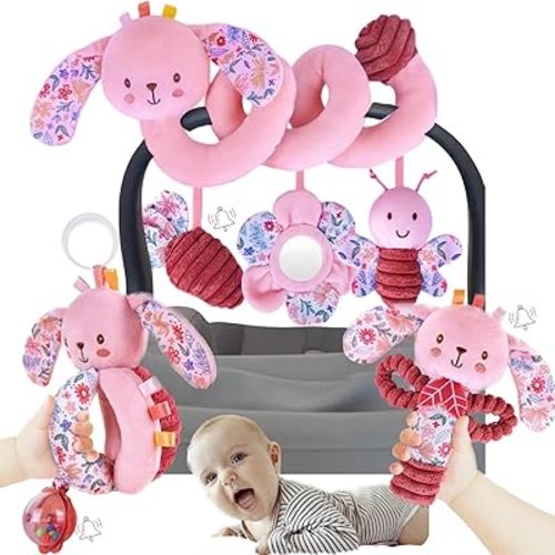 Baby Spiral Car Seat Toys for Babies 0-6 Months Girl Boy, Stroller Hanging Rattles, Infant Stuffed Animals Carseat Activity Toy 3-6-12 Months, Newborn Shower Gifts Mirror, Crinkle, Bunny 3PCS
