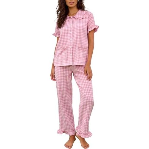 Flygo Gingham Pajama Sets for Women 2 Piece Lounge Set Button Down Cotton Babydoll Shirts Long Plaid Pants Y2K Pjs Sleepwear