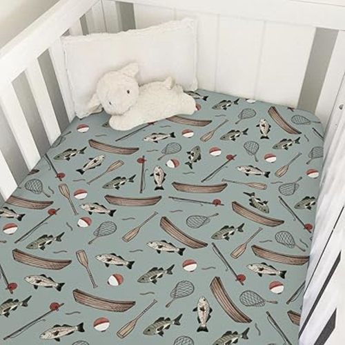 Vintage Fishing Baby Crib Sheets for Boys Gender Neutral Fishing Lovers Gift Soft Snug Fitted Crib Mattress Covers Fit 52''x28'' Standard Crib & Toddler Mattress Boy Outdoor Summer Baby Bed Sheets