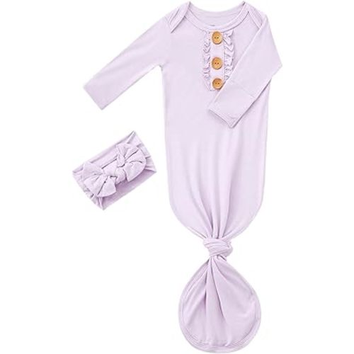 Newborn Baby Girls Knotted Gown Headbands Set Soft Bamboo Viscose Infant Sleeper Baby Sleep Gown with Mittens