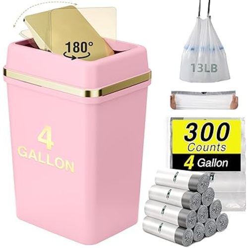 Bathroom Trash Can with Lid 4 Gallon Pink Trash Can Bedroom Trash Can Small Garbage Can with 300 Counts Trash Bags for Small Bathroom Bedroom Office