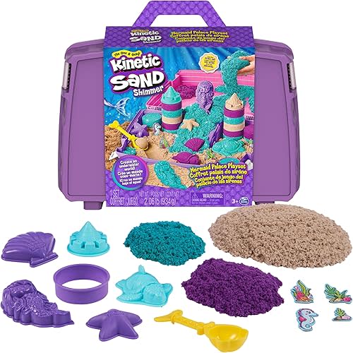 Kinetic Sand, Mermaid Palace Playset with 2.06lbs Play Sand (Neon Purple, Shimmer Teal & Beach), Tools & Folding Sandbox, Sensory Toys for Kids