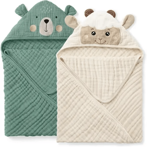 Blissful Diary Muslin Baby Hooded Towel 2 Pack, Soft & Absorbent Bath Towel for Infant, Toddler, Unisex, Baby Gift, Newborn Essentials, Bear & Lamb