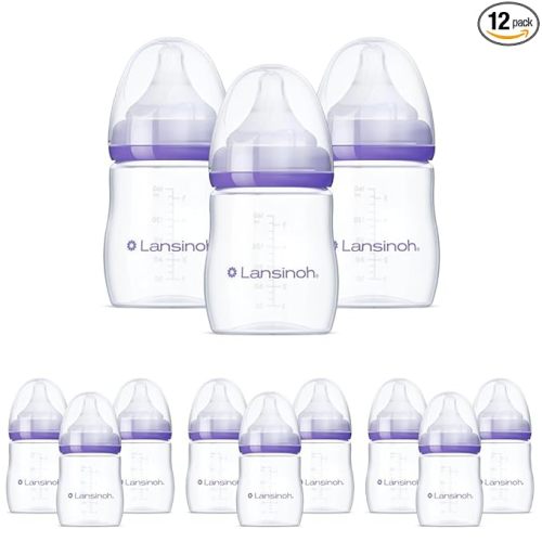 Lansinoh Anti-Colic Baby Bottles for Breastfeeding Babies,5 Ounces,Includes Slow Flow Nipples,Size S,(Pack of 12)