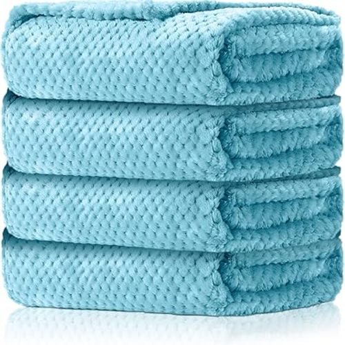 Reginary 4 Pack Fuzzy Blanket 30 x 40'' Waffle Flannel Baby Throw Blankets Warm Nursery & Crib Blankets for Girl & Boy Newborn Infant(Light Blue)