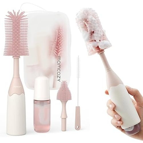 Momcozy Bottle Brush Kit with Push-Press Foam Design - Newborn Essentials Gift, Portable Cleaning Tool for Home & Travel, Baby Bottle Cleaner Brush for Breast Pumps & Nipples, Pink