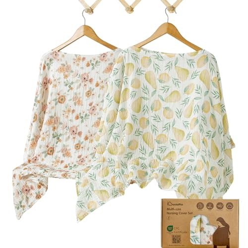 IBESTOPIA Muslin Nursing Cover for Breastfeeding – 360° Full Privacy & Comfort, Soft Breathable Cotton, Multi-Use Cover for Baby Car Seat & Stroller, Gift Box Included (Lemon-Pear Blossom)