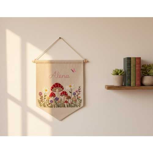 Custom Name Woodland Embroidery Wall Hanging Banner, Mushroom Hand Embroidered Linen Flag, Newborn/Kids Room Decor, Floral, Wild, Bee Design