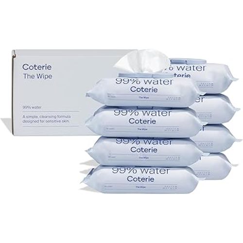 Coterie Baby Wipes for Sensitive Skin, Plant-Based and Plastic-Free Fibers, 99% Water, Hypoallergenic, pH Balanced, Unscented, Clean and Gentle Baby Essentials, 8 Pack, 448 Count