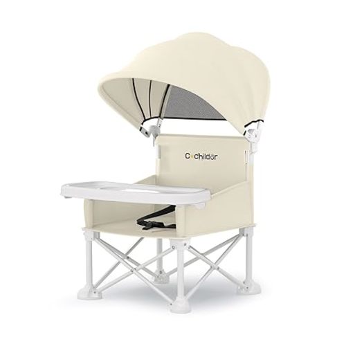 Cochildor 4-in-1 Portable Baby Chair, Foldable Toddler Booster Seat with Removable Tray, Canopy & Safety Harness, Beige