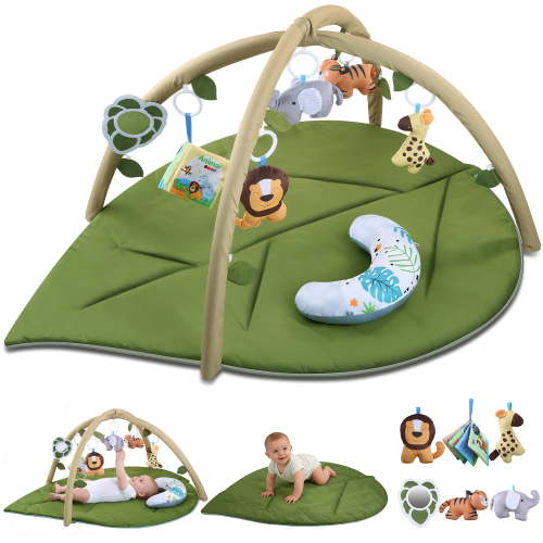JoyStone Baby Gym Play Mat, Large Leaf Shaped with 7 Detachable Toys, Washable Baby Activity Mat, Baby Gift for Newborn Infant 0-18 Months