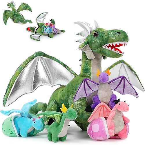 MorisMos 7PCS Green Dragon Stuffed Animal Set, 21 inch Big Mommy Stuffed Dragon Plush Toy with 4 Baby Dragons and 2 Eggs Inside, Stuffed Dinosaur Toy Gift for Kids, Boys Christmas, Birthday