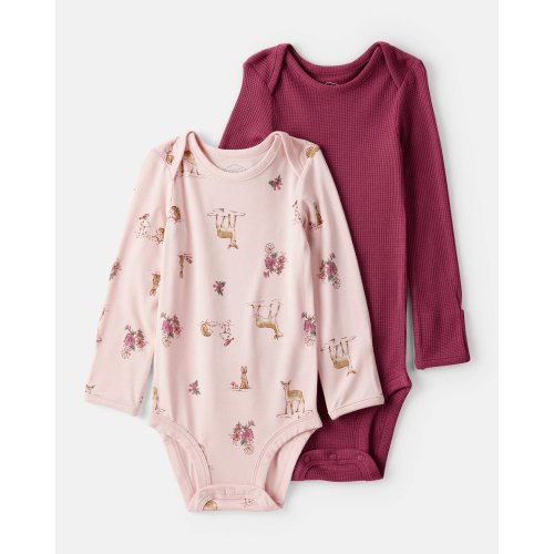 Baby Girl 2-Pack Deer & Floral Print PurelySoft Long-Sleeve Multipack Bodysuits - Burgundy/Pink | Carter's