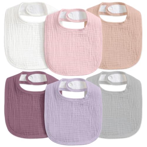 6-Pack Muslin Baby Bibs for Drooling & Teething, Absorbent Bib | Soft Cotton Baby Drool Bib for Baby Boy Girl, Easy Adjustable Bibs for Toddlers, Newborn, Infants 0-36 Months Pink & Purple