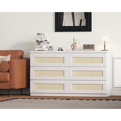 Garvee Modern Rattan 6-Drawer Dresser for Bedroom - Slim Wooden Chest of Drawers, Durable Freestanding Storage Organizer Cabinet for Living Room and Entryway, White