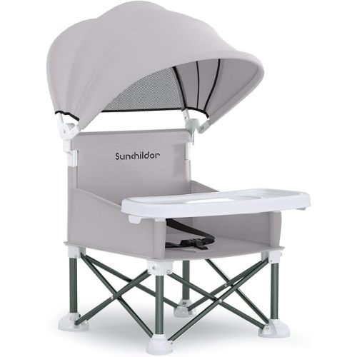 Sunchildor Portable Baby Booster Seat with Removable Tray & Canopy - 3 Point Safety Harness, Compact Fold for Travel, Indoor Outdoor Use for Infants & Toddlers, Gray