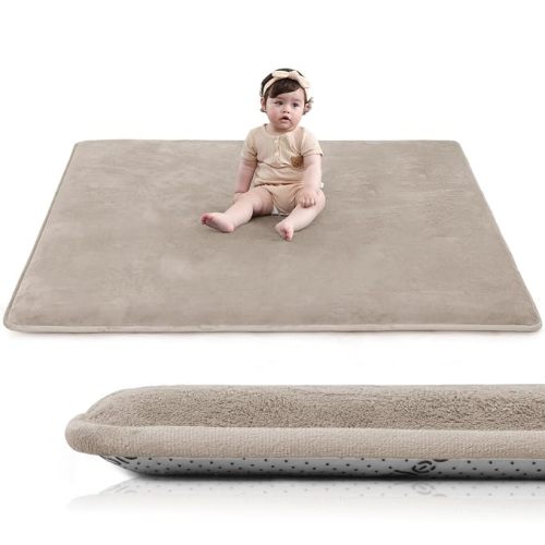 Huloo Sleep Baby Play Mat for Floor,1.3" Thick Elasti-Foam 47"×47" Playpen Mat for Tummy Time,Water Repellent Soft Coral Velvet for Toddler,Infant,Kids,Non-Slip Backing Safe for Crawling(Beige)