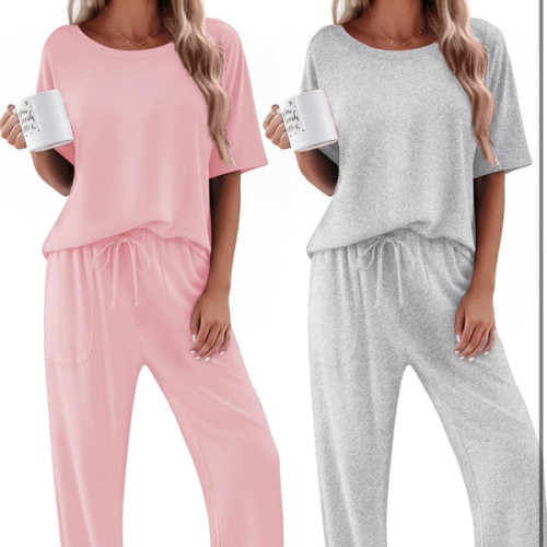 Ekouaer 2 Pack Womens Pajamas Sets Short Sleeve Long Pants Pjs Lounge Set