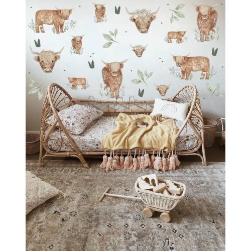 Watercolor Highland Cow Decals: Farm Animal Nursery Wall Art