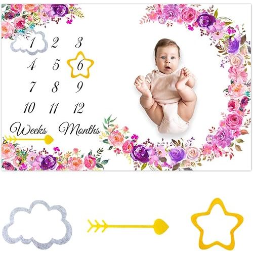 Watercolor Flowers Baby Monthly Milestone Blanket Newborn First Year Growth Mat Baby Shower Memory Keepsake Picture Recording Blanket 60"x40" with Frame
