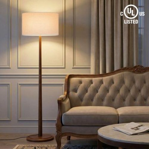 61" Walnut Wood Standing Floor Lamp,UL Certified,with Beige Linen Drum Shade,Contemporary Decor Lamp for Living Room,Bedroom,Foot Step ON/OFF Switch