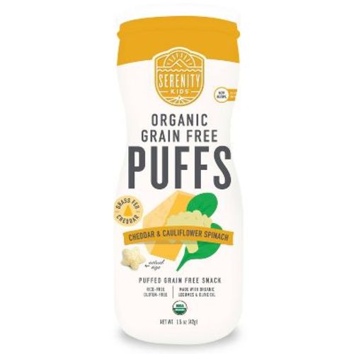 Serenity Kids Grass Fed Cheddar and Organic Cauliflower & Spinach Grain Free Puffs Baby & Toddler Snacks - 1.5oz