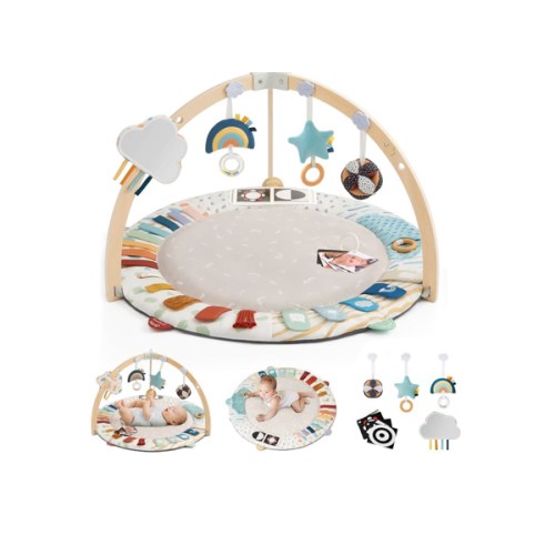 Blissful Diary Baby Play Gym & Activity Mat, 5 Developmental Zones Wooden Tummy Time Mat with 5 Detachable Sensory Toys for Motor Skills & Sensory Development, Baby Essentials Shower Gift