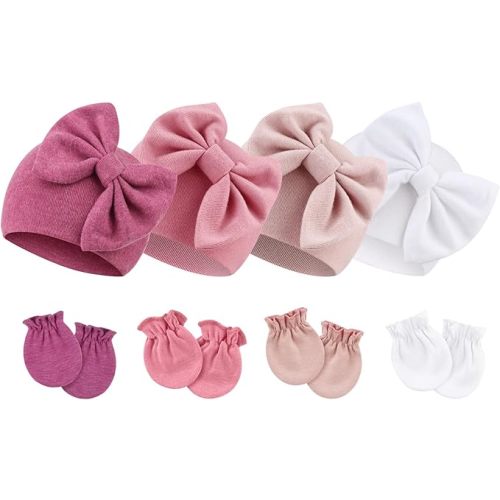 Newborn Baby Hats and Mittens Set Infant Bow Beanie Cap Toddler Gloves Newborn Hospital Hats for Baby Boy Girl 0-6 Months