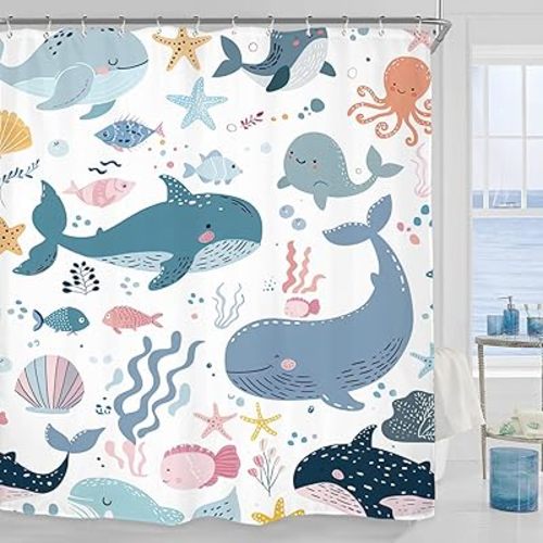 Miyotaa Kids Ocean Whale Shower Curtain Set 60Wx71H Inches Cartoon Funny Fish Undersea Sealife Boy Girl Child Cute Underwater Nursery Waterproof Bathroom Curtain with 12 Hooks