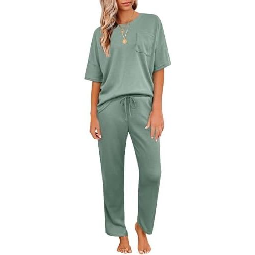JiniGolla Womens Pajama Sets Waffle Knit Short Sleeve Shirt with Long Pajama Pants Soft Sleepwear Pj Lounge Sets