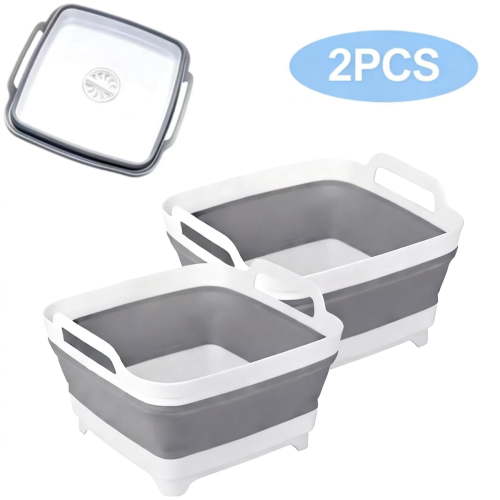 SaKaguro Collapsible Sink with Drain Plug, 9-L Capacity, Perfect for Camping, Washing, and Storage, 2 Pack, Gray