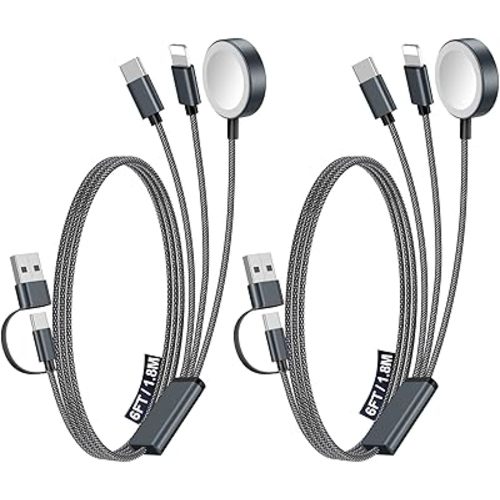 2Pack Multi Charging Cable Cord for Travel Essentials,Apple Watch Charger,iPhone Charger,[3-in-2] Type C/Lightning Cable Portable Designed for iWatch,iPhone 17-8,Galaxy S25-21,AirPods,iPad-1.8M Black