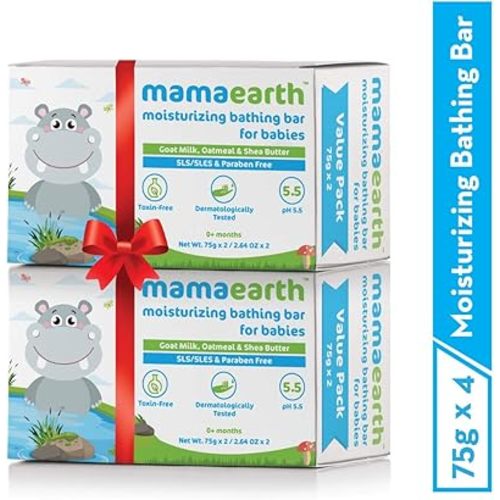 MAMAEARTH Moisturizing Baby Bathing Soap Bar with Goat Milk & Oatmeal for Soft & Nourished Skin | pH Balanced 5.5 | Gentle, Tear-Free Baby Soap | 75g × 4 (2.64 oz Each)