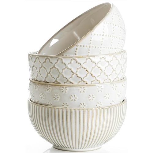 getstar Ceramic Bowl, Small Dessert Bowls Set of 4 with Assorted Embossment (4.5 inch & 10 oz), Farmhouse Vintage Color Bowls for Kitchen