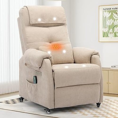 Power Recliner Chair for Adults, Recliner for Small Spaces with Rollers, Electric Chair with Massage and Heat, USB and Type-C Charge Port, Fabric Recliner Chair for Living Room, Bedroom