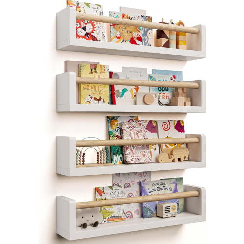 XIMEI Nursery Book Shelves 4-Pack, Wall Bookshelves for Kids Room/Baby/Toddler Decor, White Wood, 16.5"