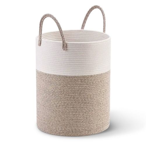 Cheer Collection Large Cotton Rope Laundry Hamper with Handles – Tall Woven Basket for Clothes, Toys, Blankets - 2 Tone Tan