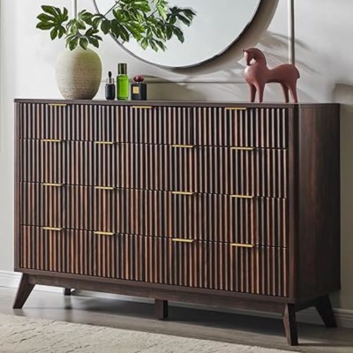 T4TREAM Fluted 9 Drawers Dresser, 54" Wide Modern Chest of Drawers, Curved Profile Design, Dresser TV Stand, Wood Drawer Organizer for Bedroom, Living Room, Hallway, Dark Walnut