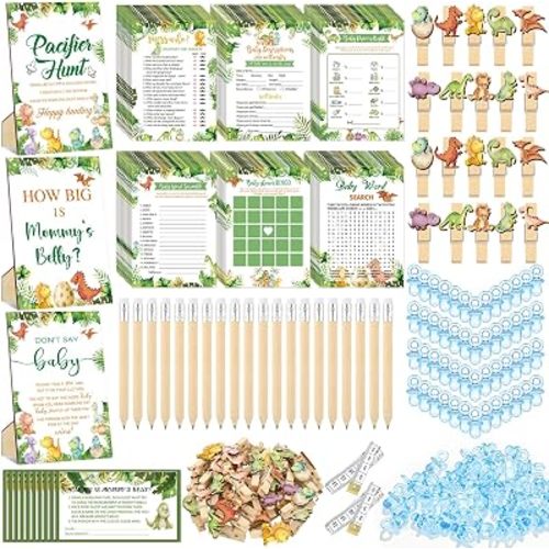 Sherr 476 Pcs Dinosaur Baby Shower Games 6 Sets Activities Cards Pacifier Hunt Game 50 Pacifiers How Big is Mommy's Belly Sign 50 Guessing Cards 2 Measuring Tape Don't Say Baby Sign 50 Clothespin