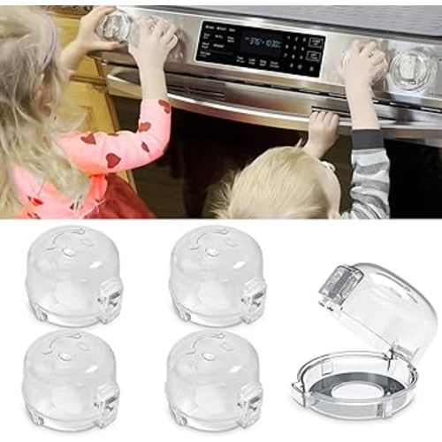 Oven Knob Covers for Child Safety 5 Pack, Clear Stove Knob Safety Covers & Gas Stove Locks, Heat-Resistant Adhesive, Double-Key Baby Proof Covers for Gas/Electric Burners,Childproof Protector for Kids