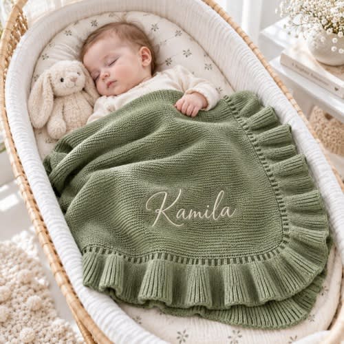 Personalized Baby Blanket With Name Embroidered Custom Newborn Blanket Ruffle Knit Baby Shower Gift Nursery Keepsake Gift For Baby Girl Boy