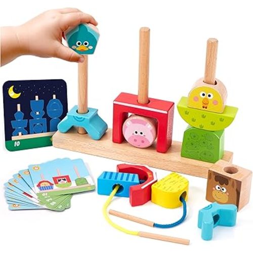 hahaland Montessori Wooden Brain Building Block for Toddler 1-3 Stacking Toy Day & Night Puzzle Game with 24 Challenges Toddler Lacing Stringing Beads for Ages 1 2 3 Preschool Learning Activities