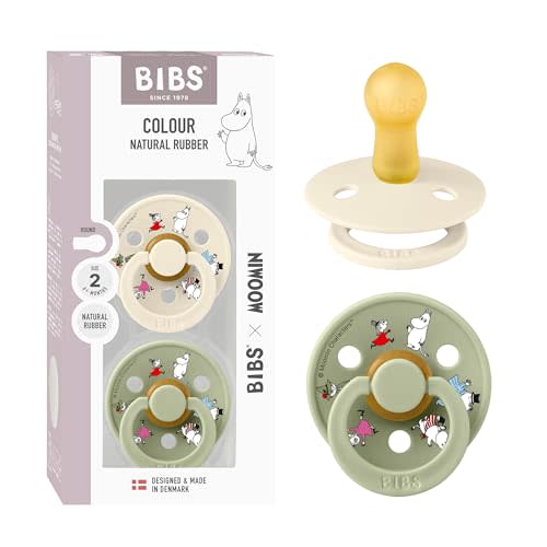 BIBS Colour Moomins Pacifier 2-Pack, BPA Free Pacifier, Round Nipple. Natural Rubber Latex, Made in Denmark, Size 2 (6-18 Months), Ivory/Sage