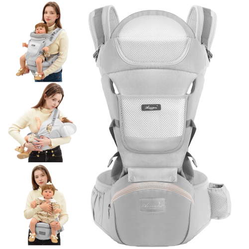DERSTUEWE Baby Carrier, Grey, 4-in-1 Convertible Wrap with Hip Seat, for Infants and Toddlers 0-36 Months