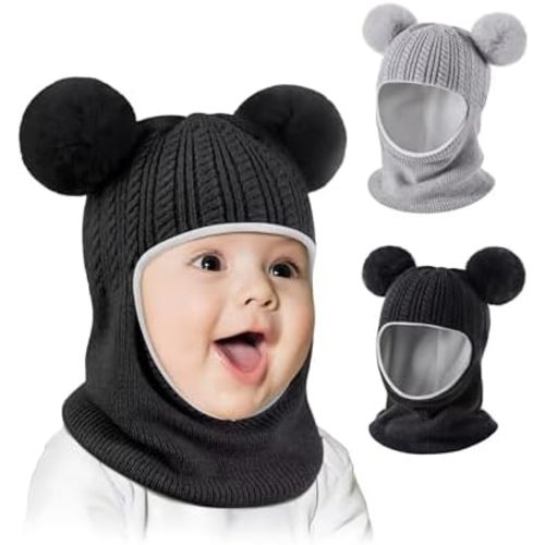 Baby Winter Hat Scarf Set 2 Pack, Toddler Beanie Hats Girl Boy with Neck Warmer, Beanie for Kids Knit Warm for Cold Weather