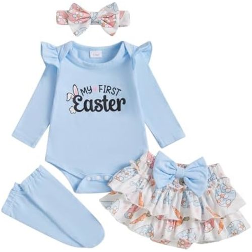 BeQeuewll Newborn Baby Girl Easter Outfit Bunny Clothes Romper+Bloomers Tutu Skirt+Socks+Headband Set First Easter Outfit
